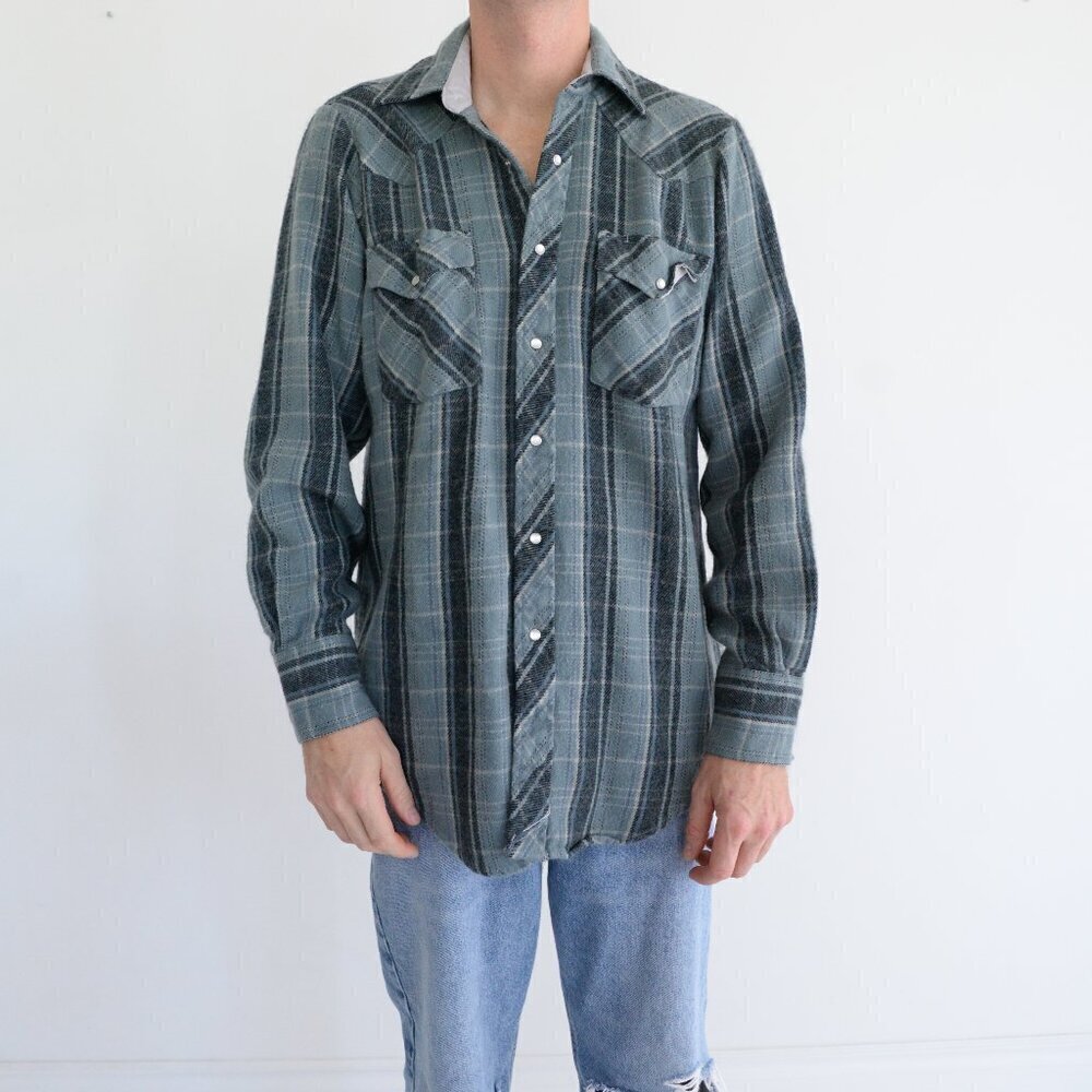 Vintage Williams Bay Green And Blue Checker Tartan Western Button Up Shirt 15.5